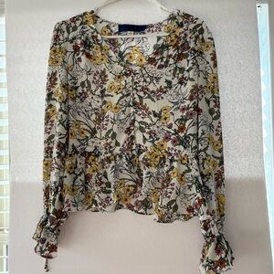 Blue Rain Floral Blouse with Yellow and Red Accents